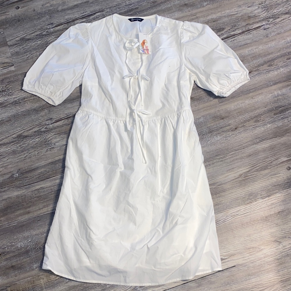 NWT PRETTYGARDEN White Cottage Cotton Tie Bows Dress S